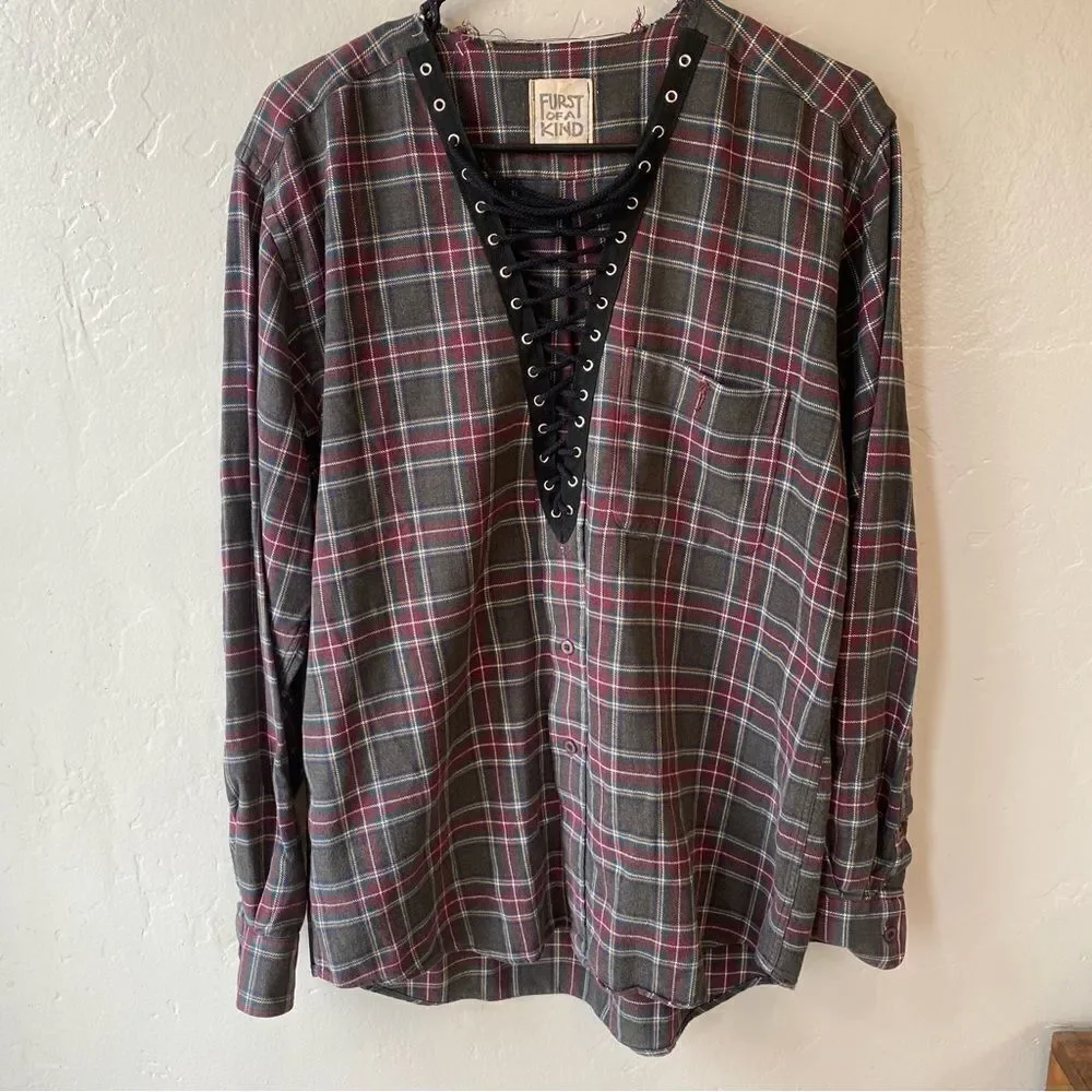 Furst of A Kind Upcycled Oversized Plaid Lace Up Button Front Flannel Shirt